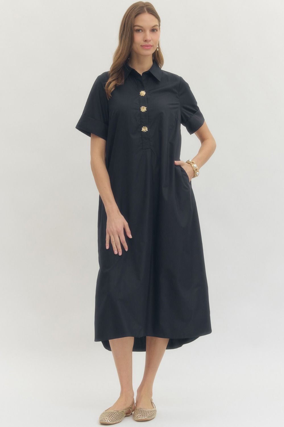 ENTRO Short Sleeve Midi Dress With Gold Button Accent In Navy *COMING SOON*
