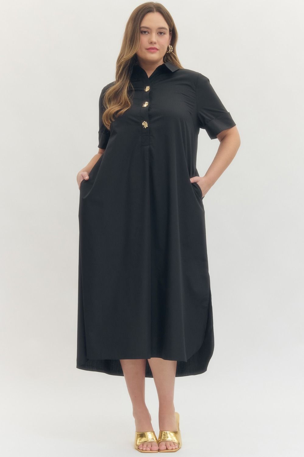 Entro Solid Short Sleeve Midi Dress With Accent Buttons In Black PLUS Size