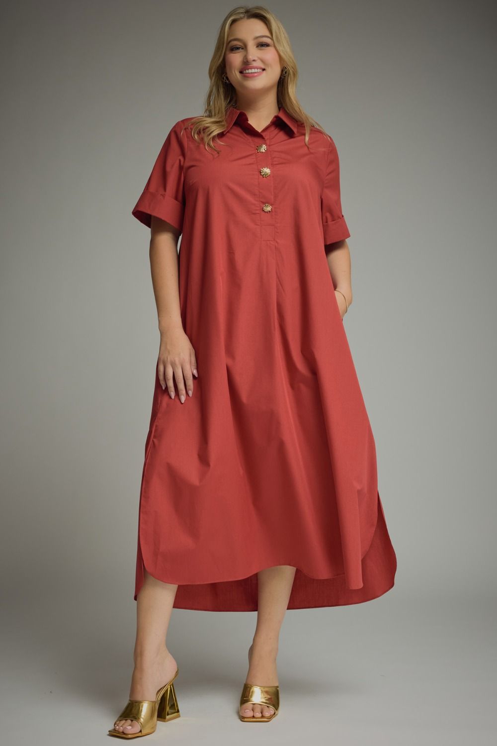 ENTRO Short Sleeve Midi Dress With Gold Button Accent In Brick PLUS Size