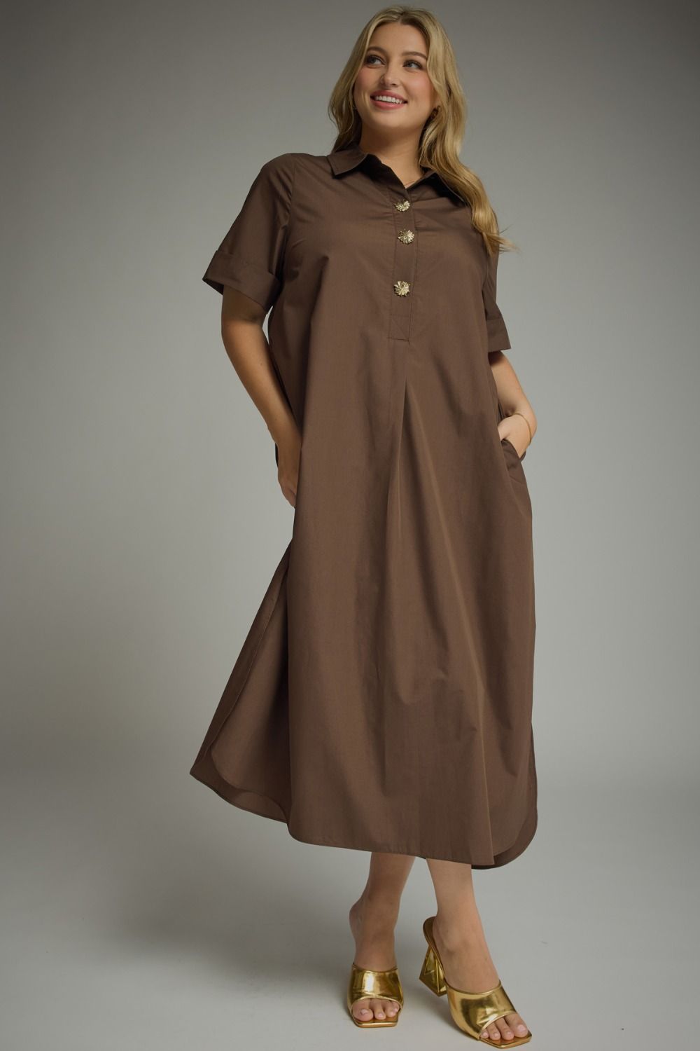 ENTRO Short Sleeve Midi Dress With Gold Button Accent In Brown PLUS Size