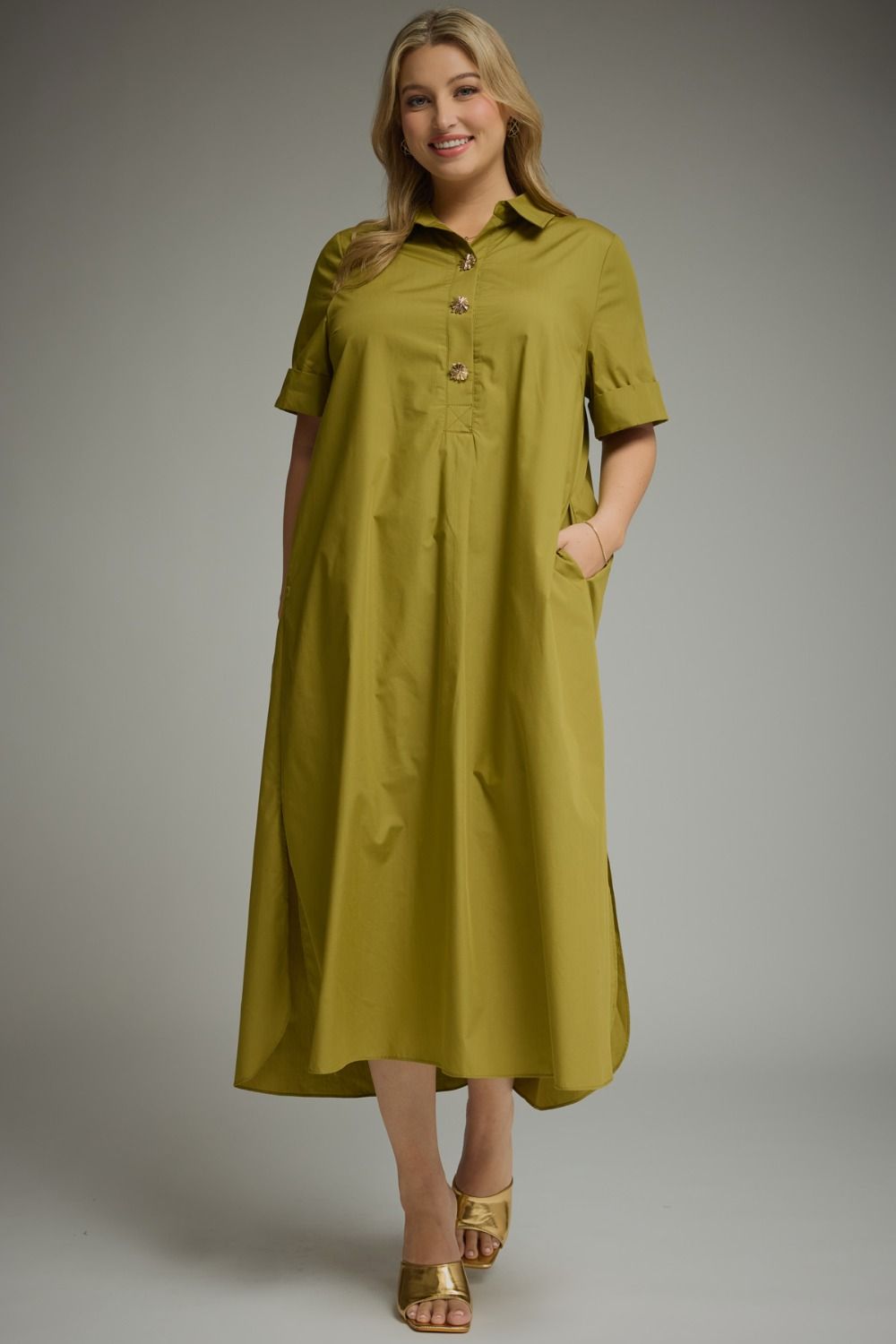 ENTRO Short Sleeve Midi Dress With Gold Button Accent In Martini Olive PLUS Size