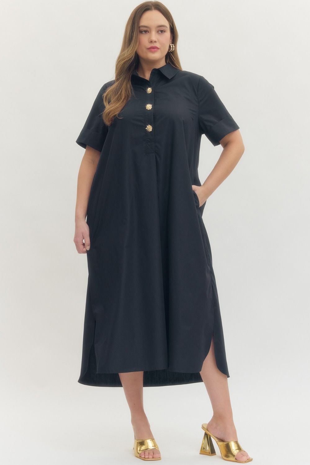 ENTRO Short Sleeve Midi Dress With Gold Button Accent In Navy PLUS Size *COMING SOON*