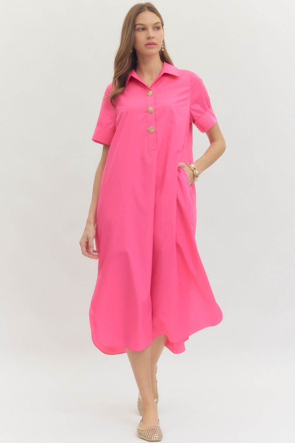 ENTRO Solid Short Sleeve Midi Dress With Accent Buttons In Pink