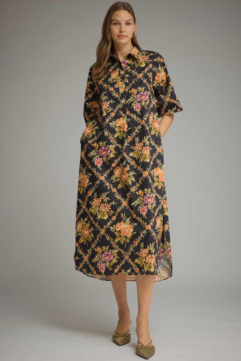 ENTRO Floral Short Sleeve Midi Dress In Black *COMING SOON*