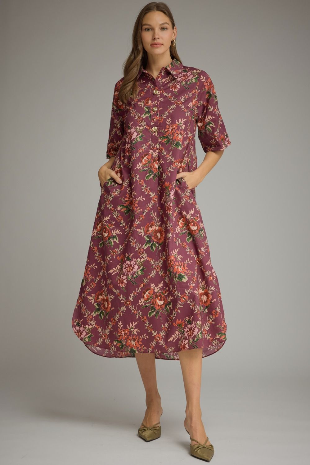ENTRO Floral Short Sleeve Midi Dress In Plum *COMING SOON*
