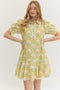 Entro Tulip Print Short Puff Sleeve Mini Dress In Yellow