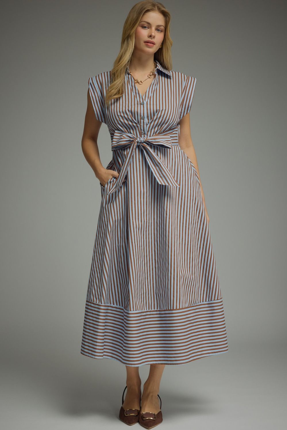 ENTRO Striped Cap Sleeve Midi Dress In Blue Brown