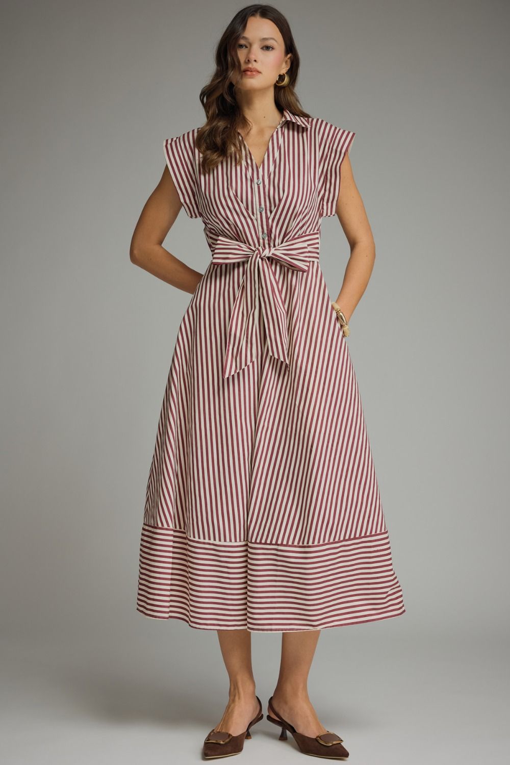 ENTRO Striped Cap Sleeve Midi Dress In Burgundy