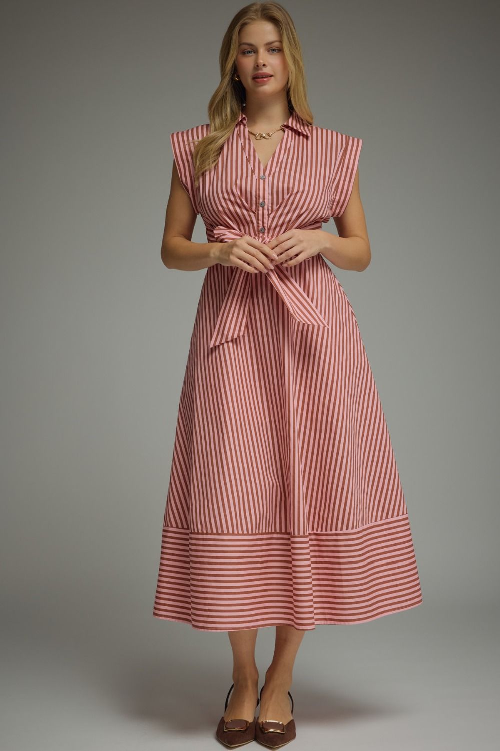 ENTRO Striped Cap Sleeve Midi Dress In Camel Pink *COMING SOON*