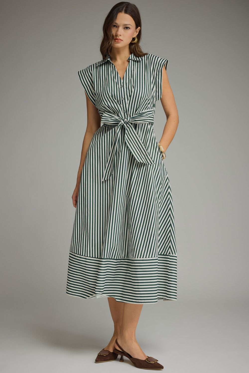 ENTRO Striped Cap Sleeve Midi Dress In Hunter Green