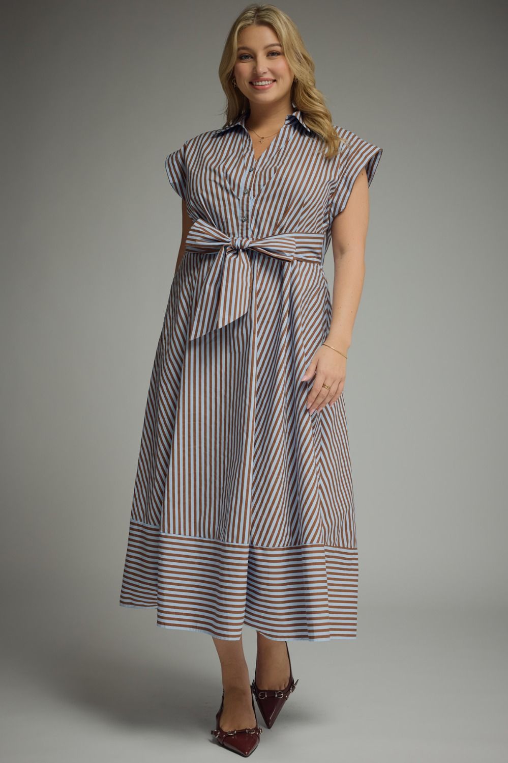 ENTRO Striped Cap Sleeve Midi Dress In Blue Brown PLUS Size