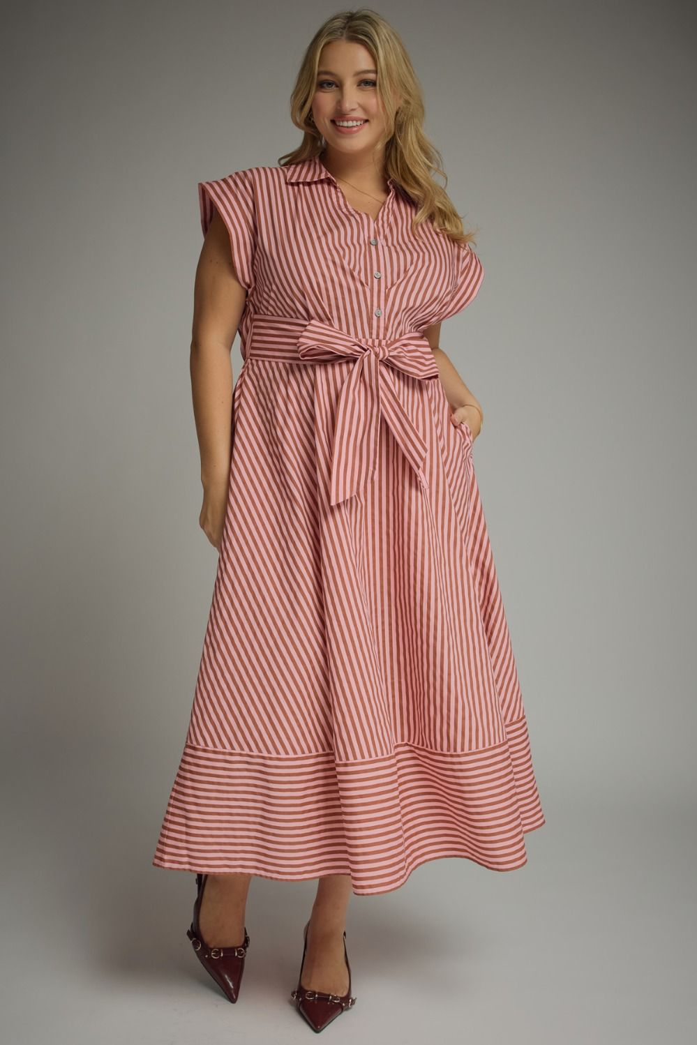 ENTRO Striped Cap Sleeve Midi Dress In Camel Pink PLUS Size