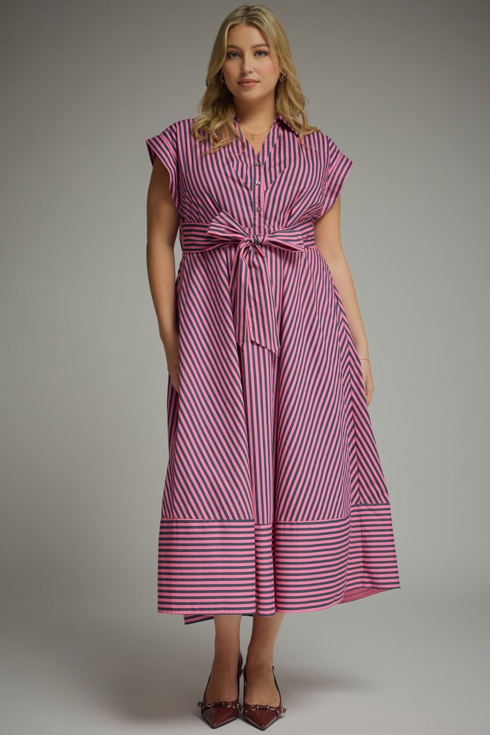 ENTRO Striped Cap Sleeve Midi Dress In Pine Pink PLUS Size