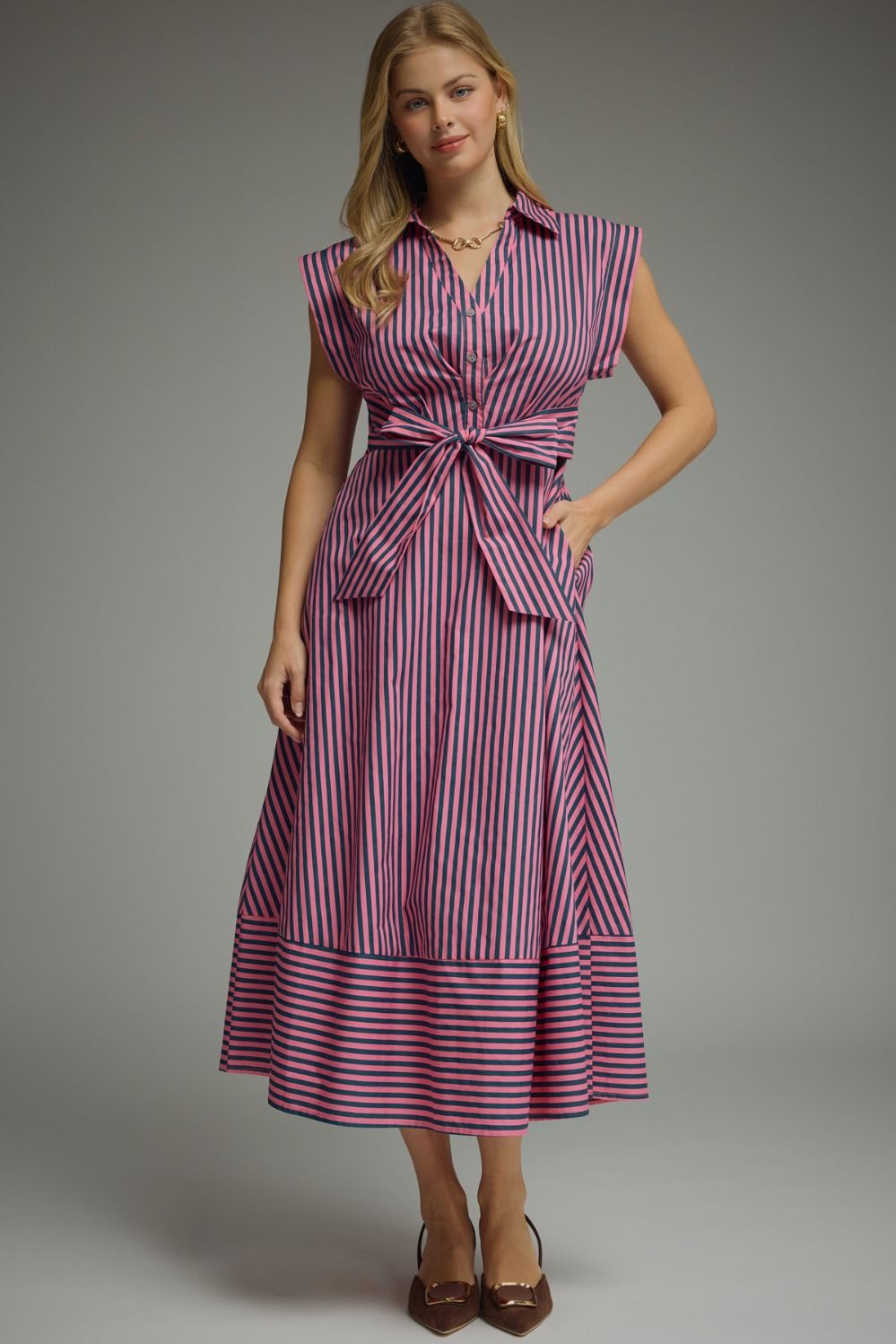 ENTRO Striped Cap Sleeve Midi Dress In Pink Pine *COMING SOON*