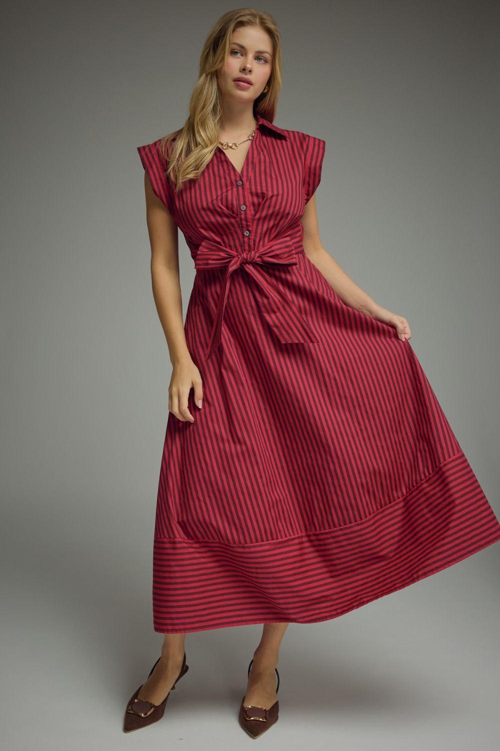ENTRO Striped Cap Sleeve Midi Dress In Red Brown *COMING SOON*