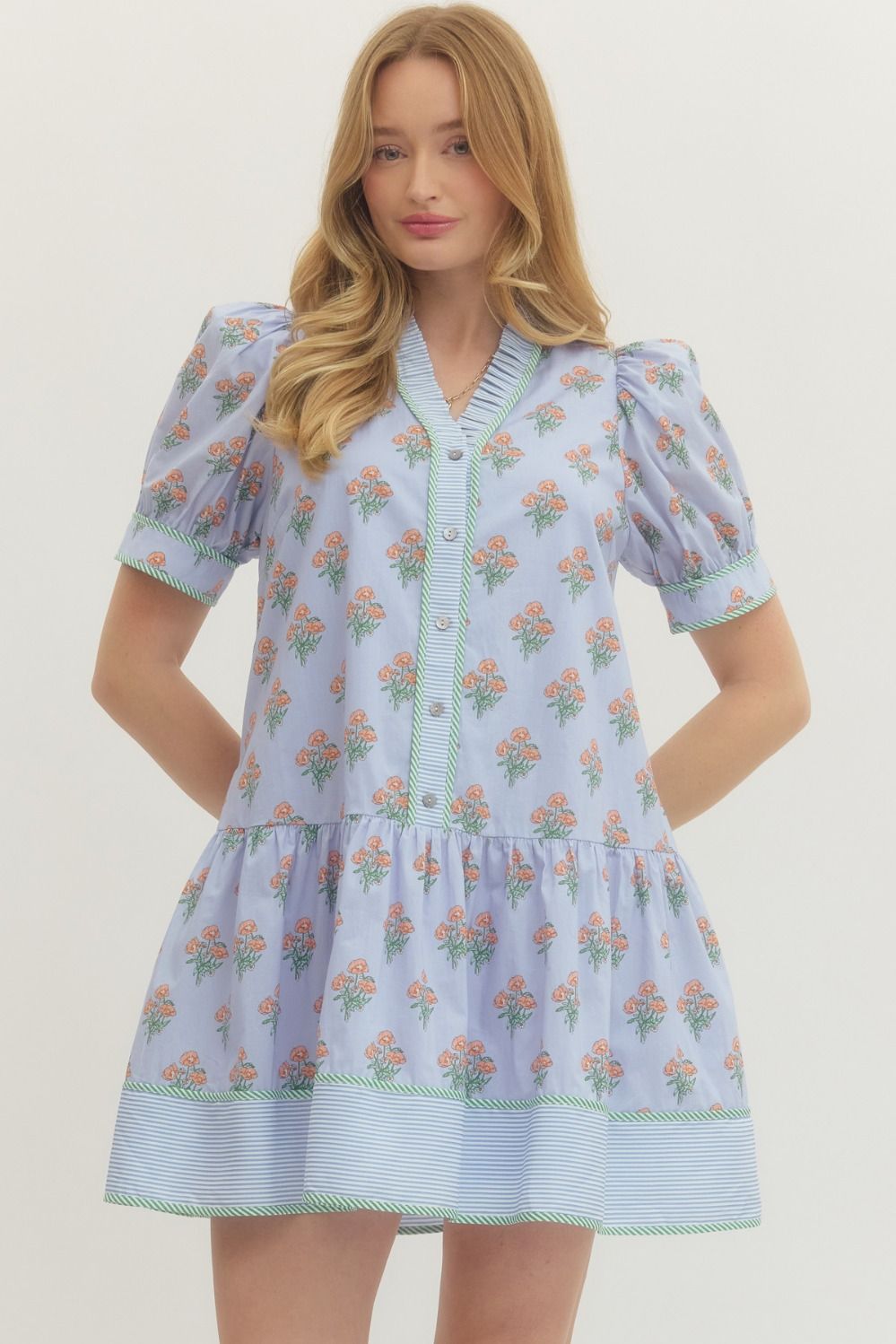 ENTRO Floral Print Puff Sleeve Mini Dress In Blue