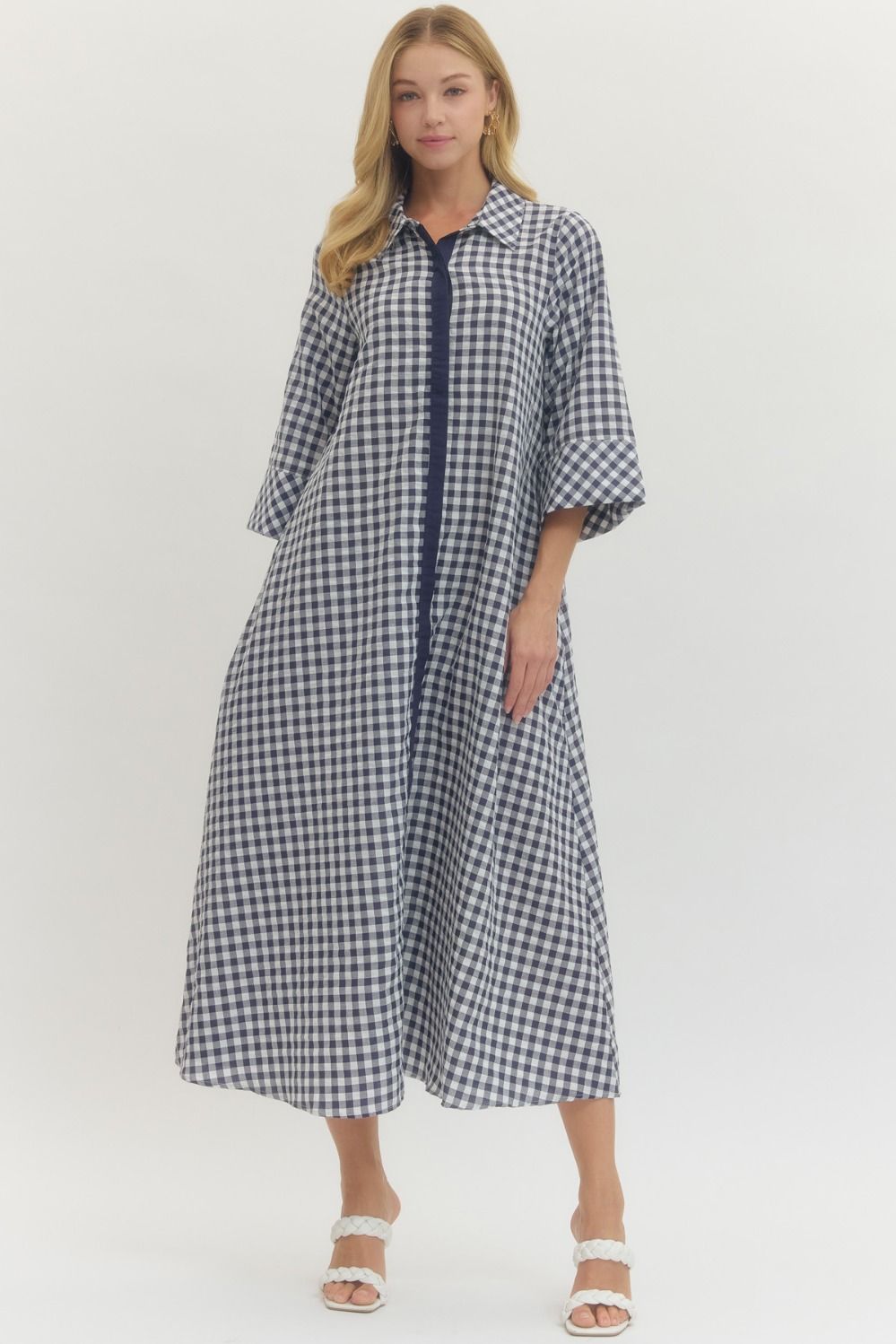 ENTRO Gingham 3/4 Sleeve Midi Dress In Navy