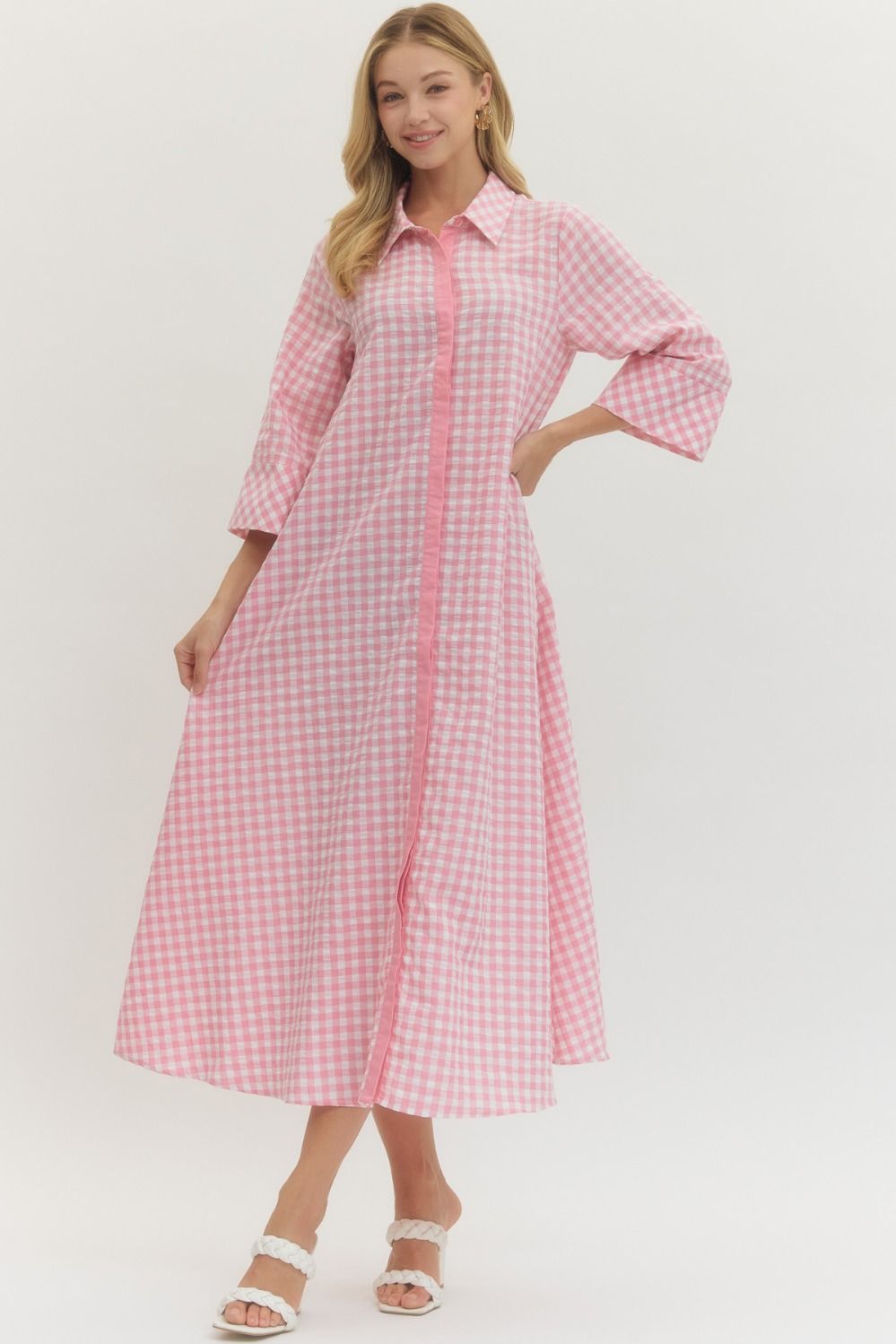 ENTRO Gingham 3/4 Sleeve Midi Dress In Pink