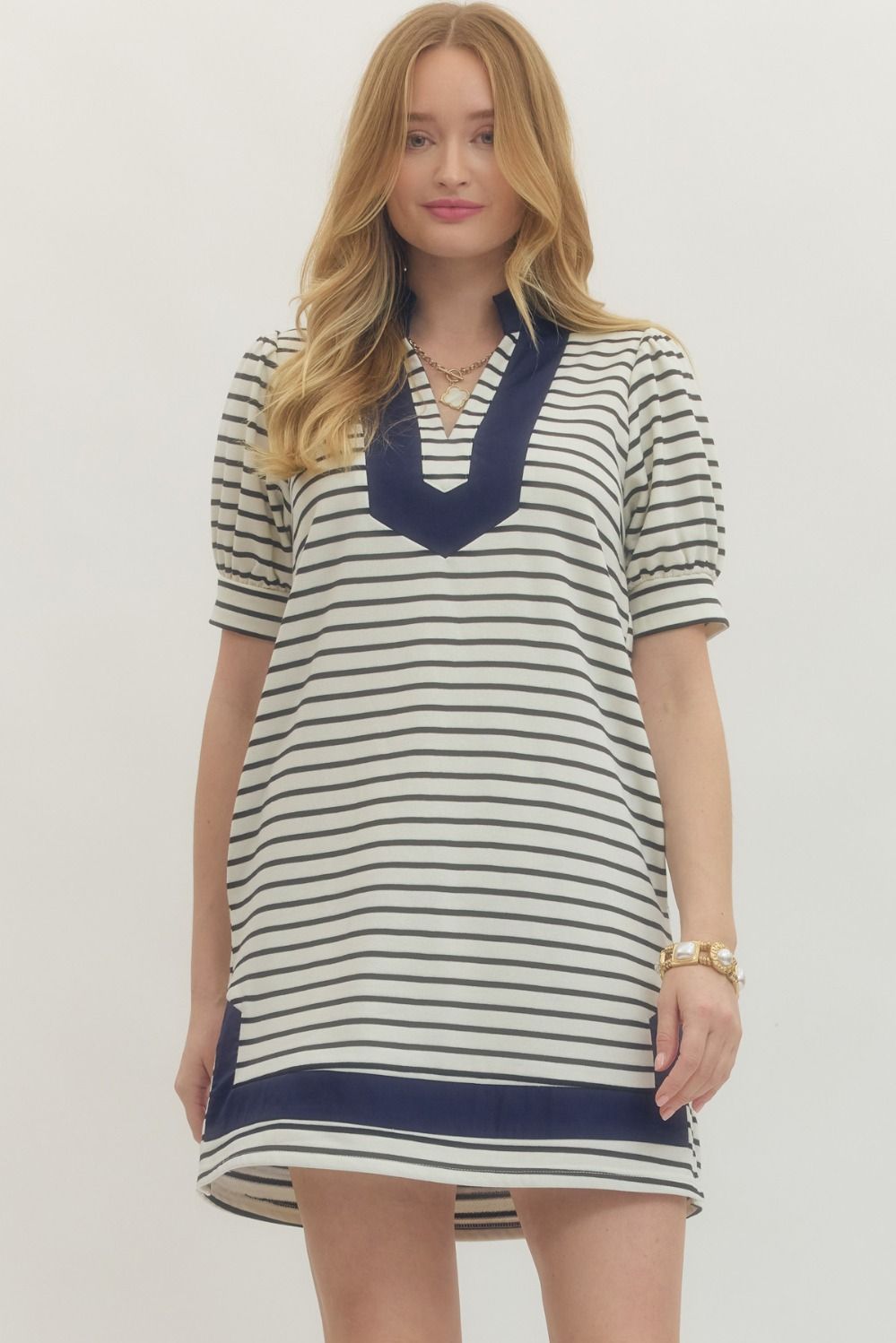 ENTRO Solid Striped Puff Sleeve Mini Dress With Contrast V Neck In Off White