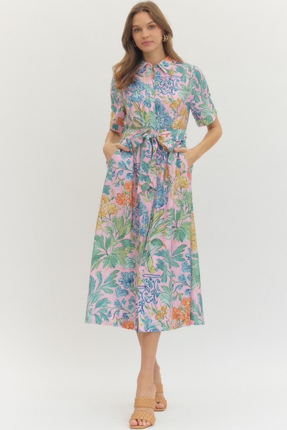 Entro Floral Tie Waist Midi Dress With Button Closure In Pink *COMING SOON*