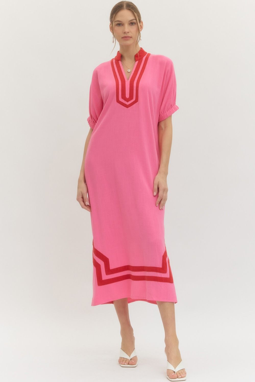 ENTRO Short Raglan Sleeve Midi Dress In Pink