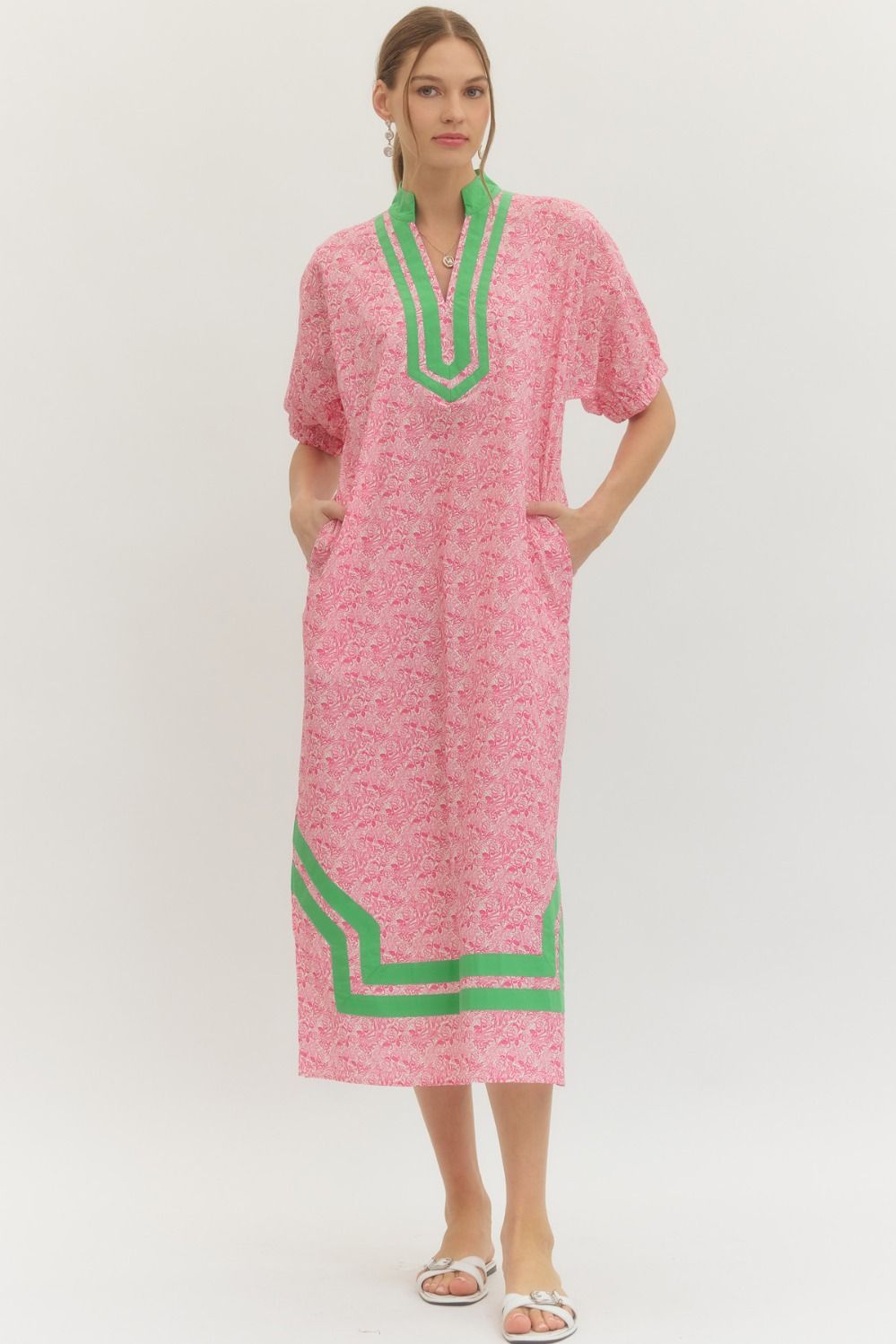 Entro Floral Short Sleeve Midi Caftan Dress In Pink
