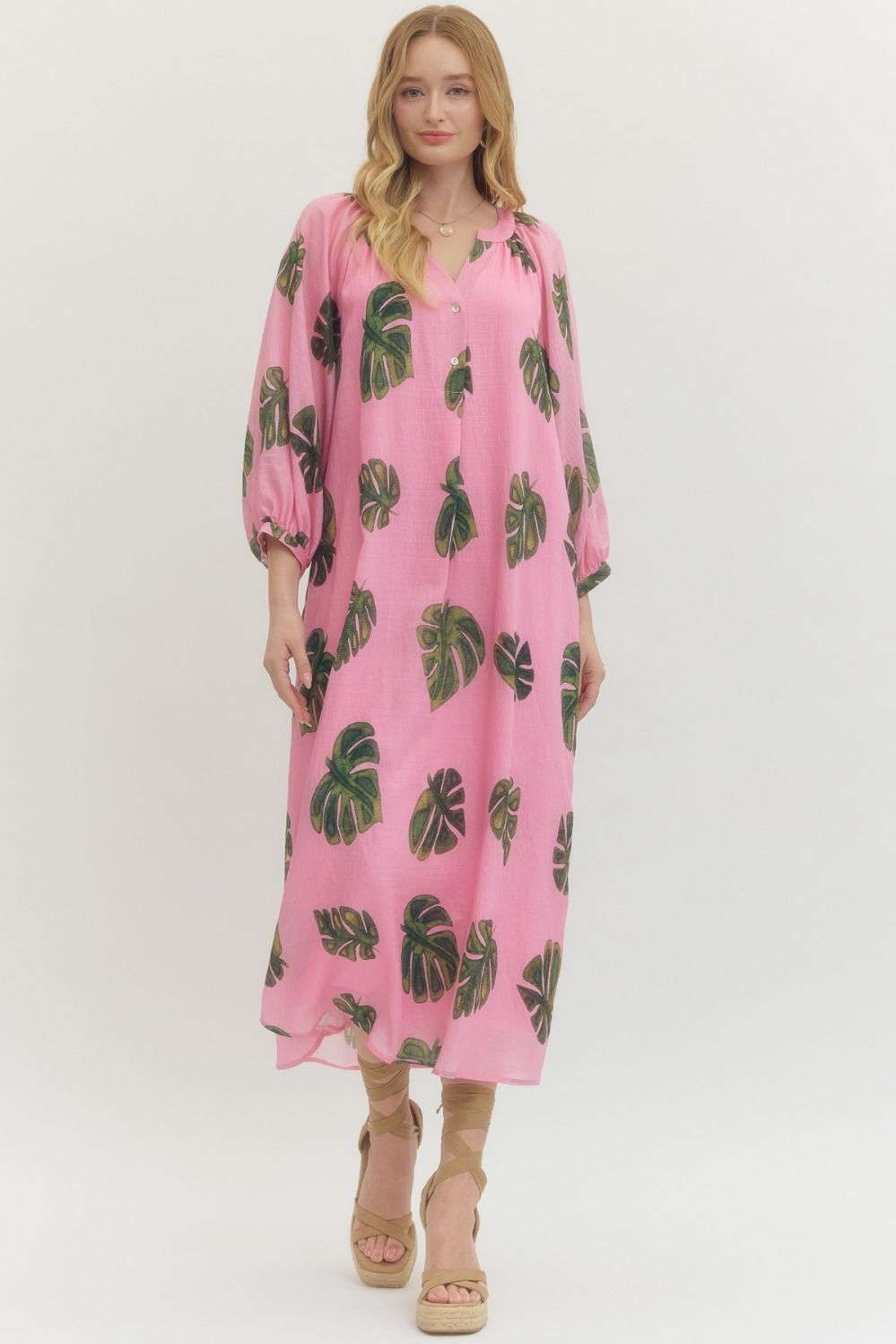 Entro Leaf Print Long Sleeve Maxi Dress In Pink