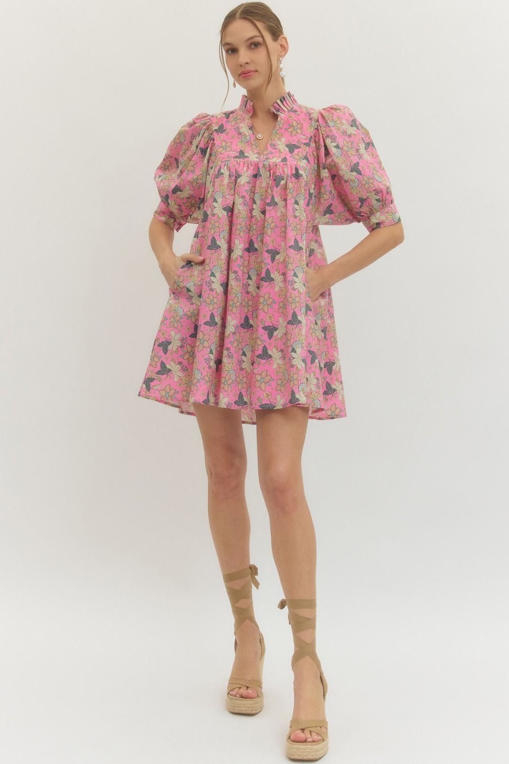 Entro Floral 3/4 Sleeve Mini Dress In Pink