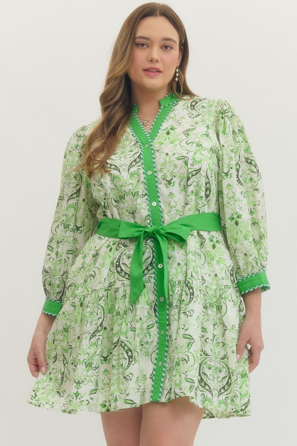 Entro Printed 3/4 Puff Sleeve Mini Dress In Apple Green PLUS Sizes