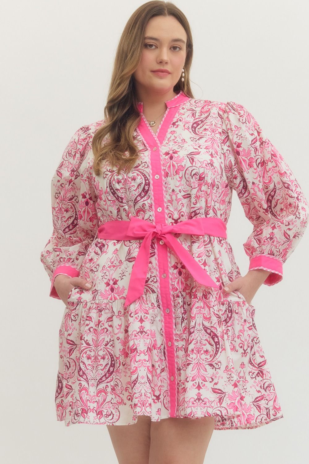 Entro Printed 3/4 Puff Sleeve Mini Dress In Pink PLUS Sizes