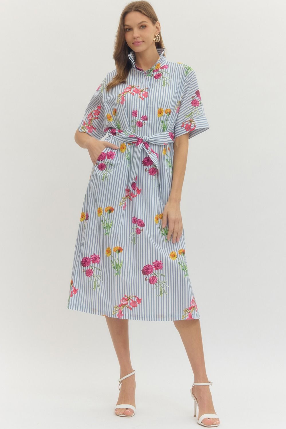 ENTRO Floral Stripe Midi Dress With Collared Neckline In Blue