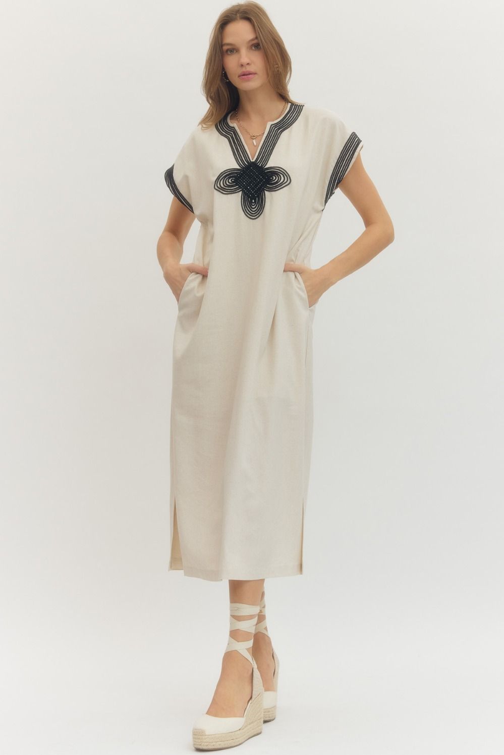 ENTRO Front Embroidery Midi Dress In Linen