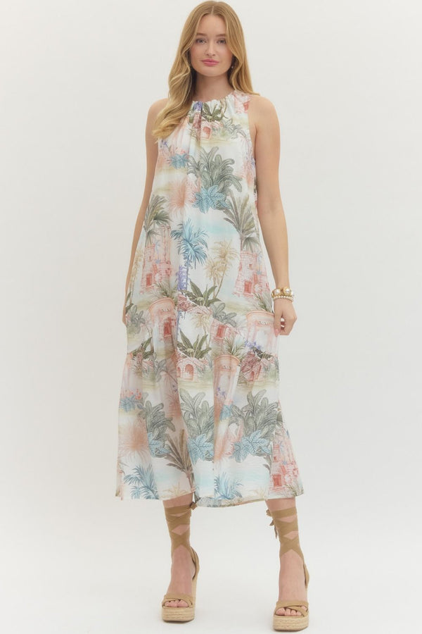ENTRO Tropical Print Sleeveless Midi Dress