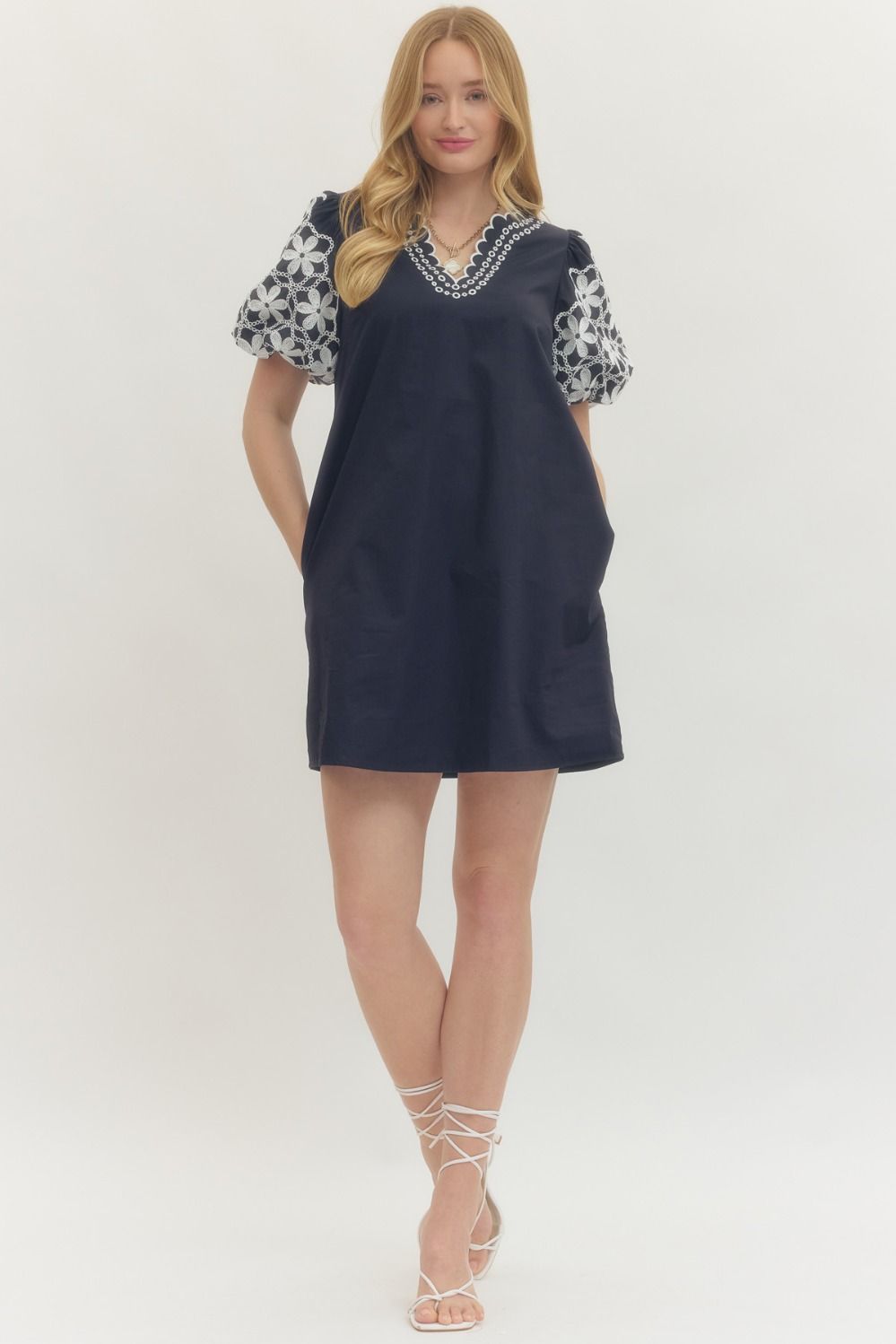 ENTRO Embroidered Floral Puff Sleeve Dress In Navy *COMING SOON*