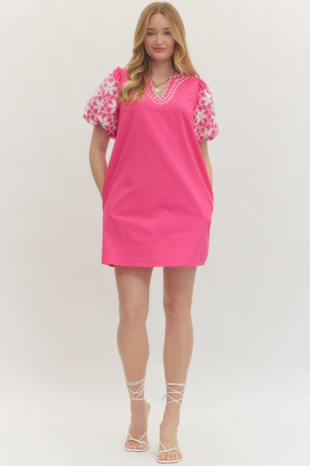 ENTRO Embroidered Floral Puff Sleeve Dress In Pink *COMING SOON*