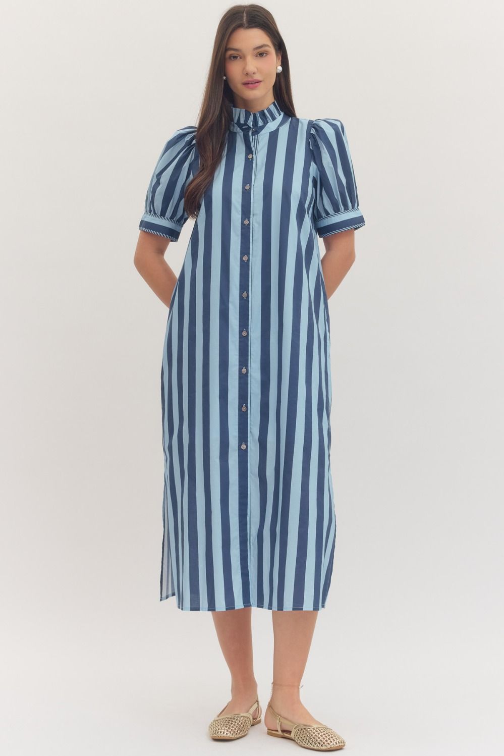 ENTRO Striped Short Puff Sleeve Midi Dress In Navy