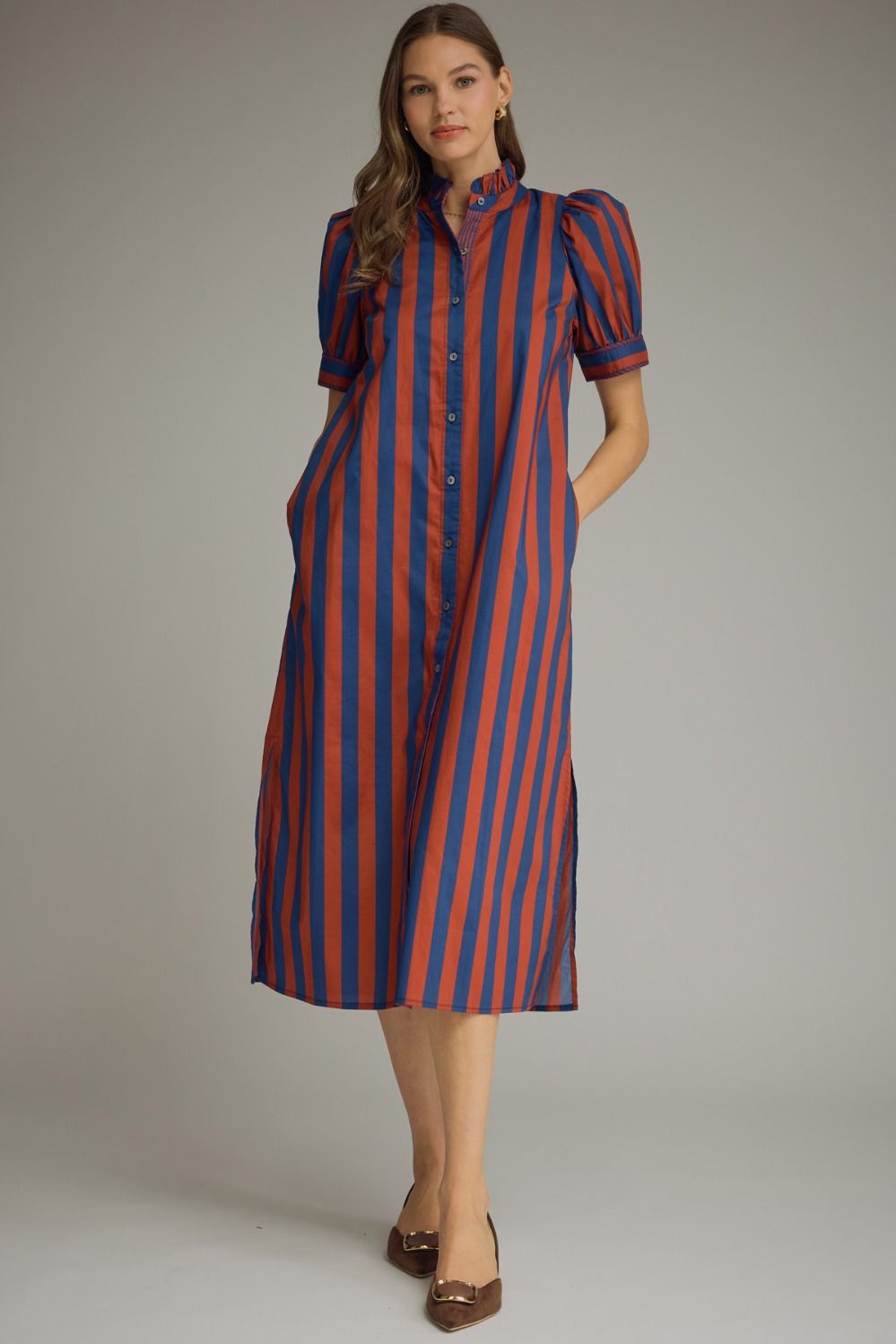 Entro Striped Midi Dress In Navy Rust