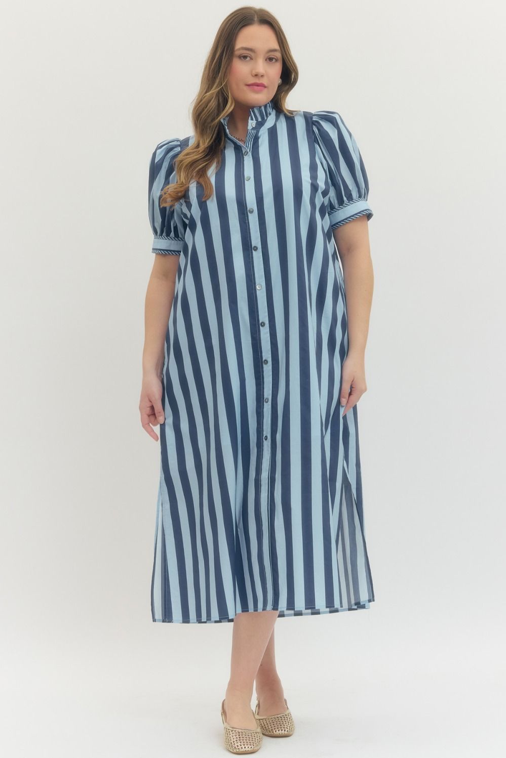 ENTRO Striped Print Short Puff Sleeve Midi Dress In Navy