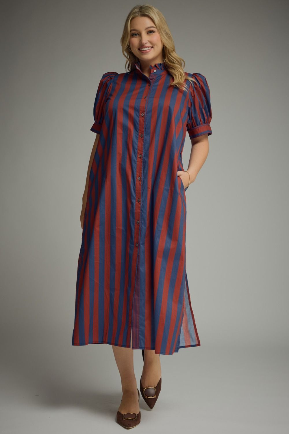 ENTRO Striped Midi Dress In Navy Rust PLUS Sizes