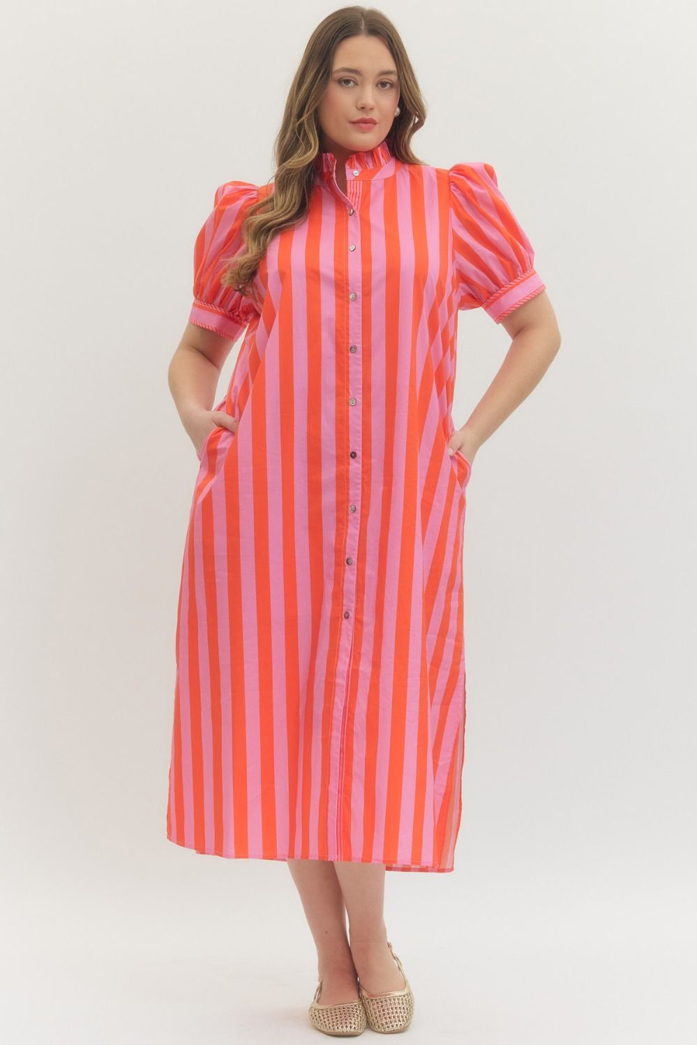 ENTRO Striped Short Puff Sleeve Midi Dress In Pink PLUS Sizes