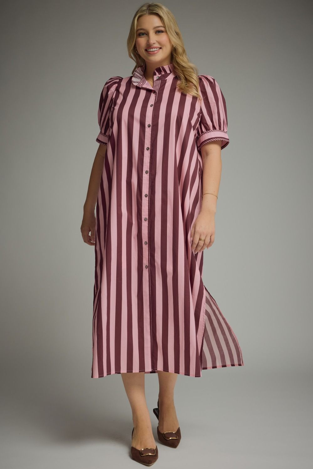 ENTRO Striped Midi Dress In Plum Pink PLUS Sizes