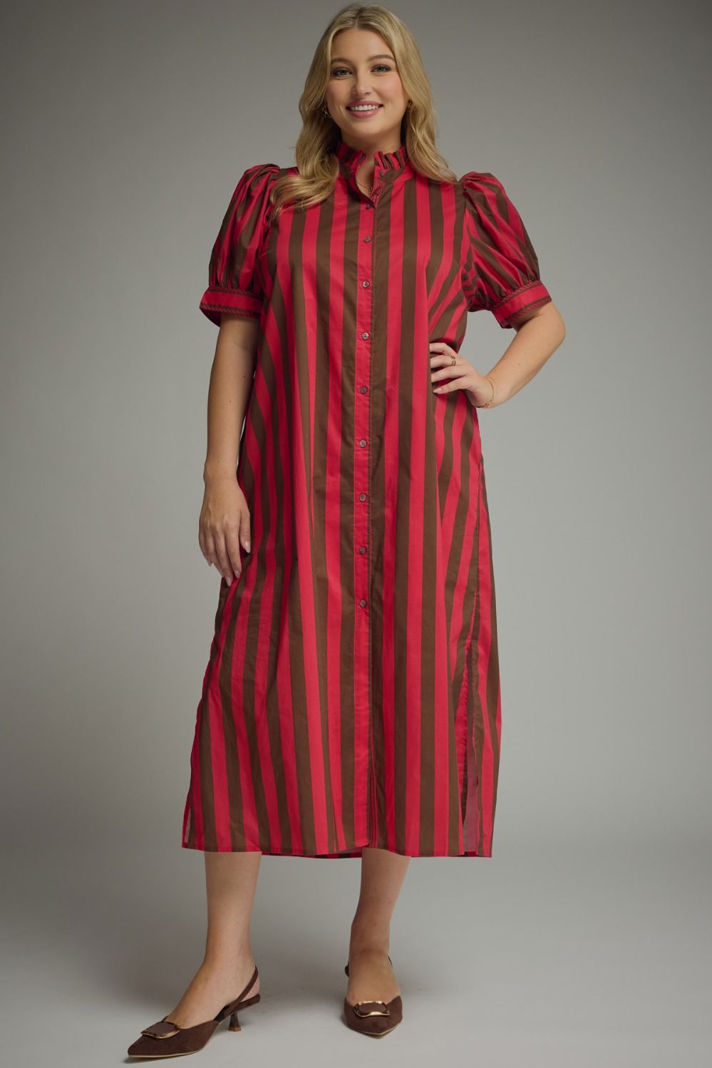 ENTRO Striped Midi Dress In Red Brown PLUS Sizes