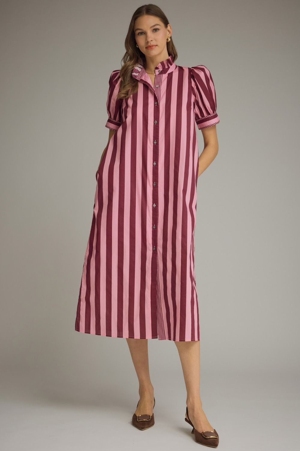 Entro Striped Midi Dress In Plum Pink