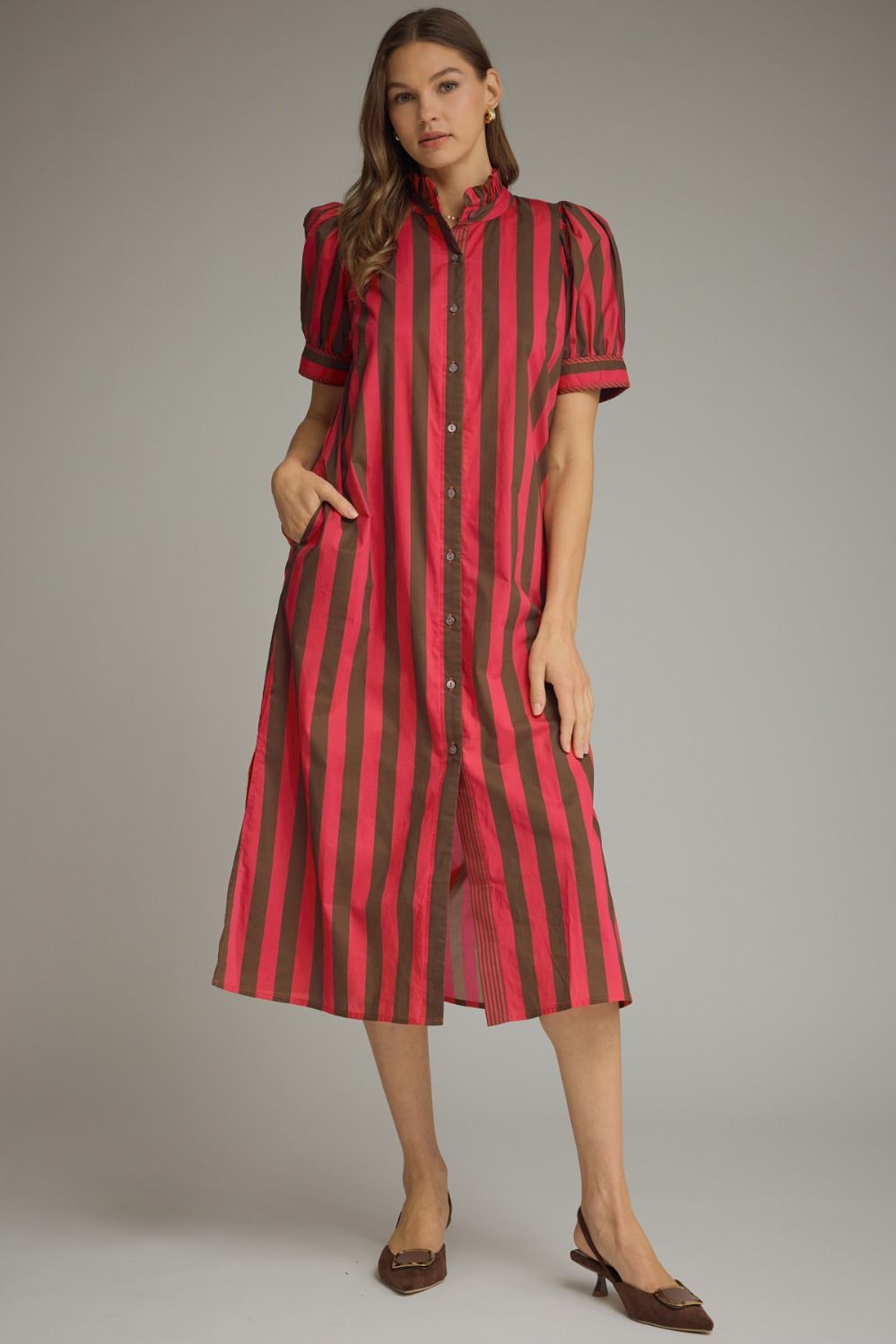 Entro Striped Midi Dress In Red Brown
