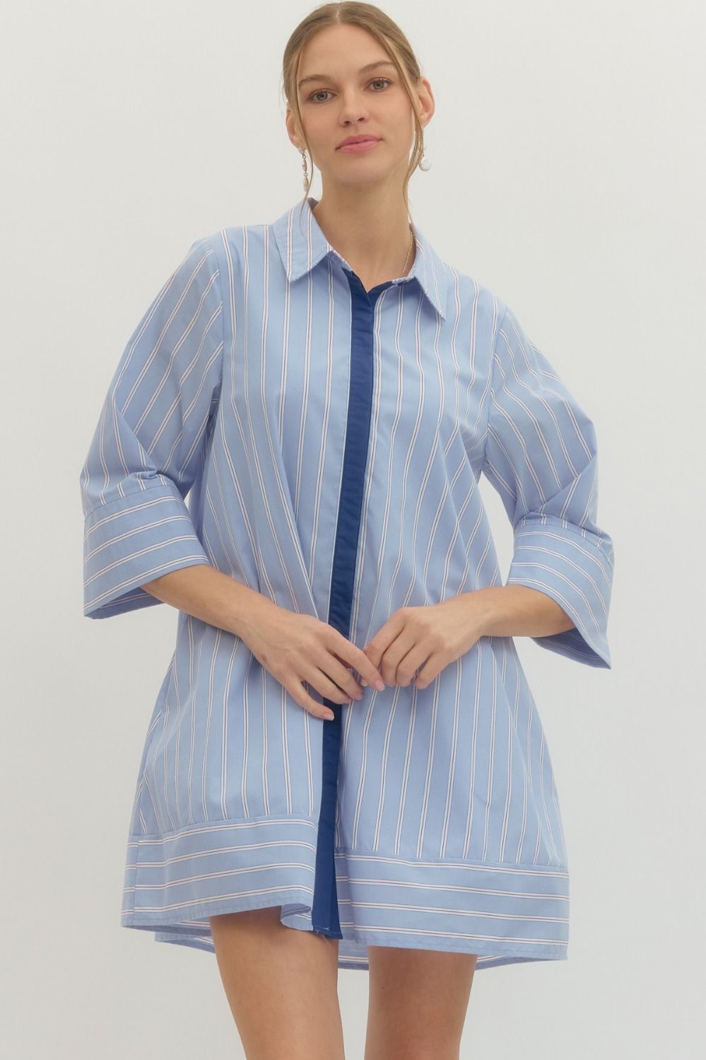 ENTRO Striped 3/4 Sleeve Mini Dress In Blue