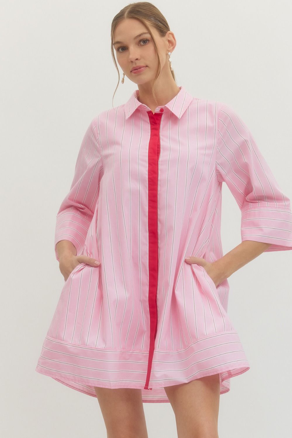 ENTRO Striped 3/4 Sleeve Mini Dress In Pink