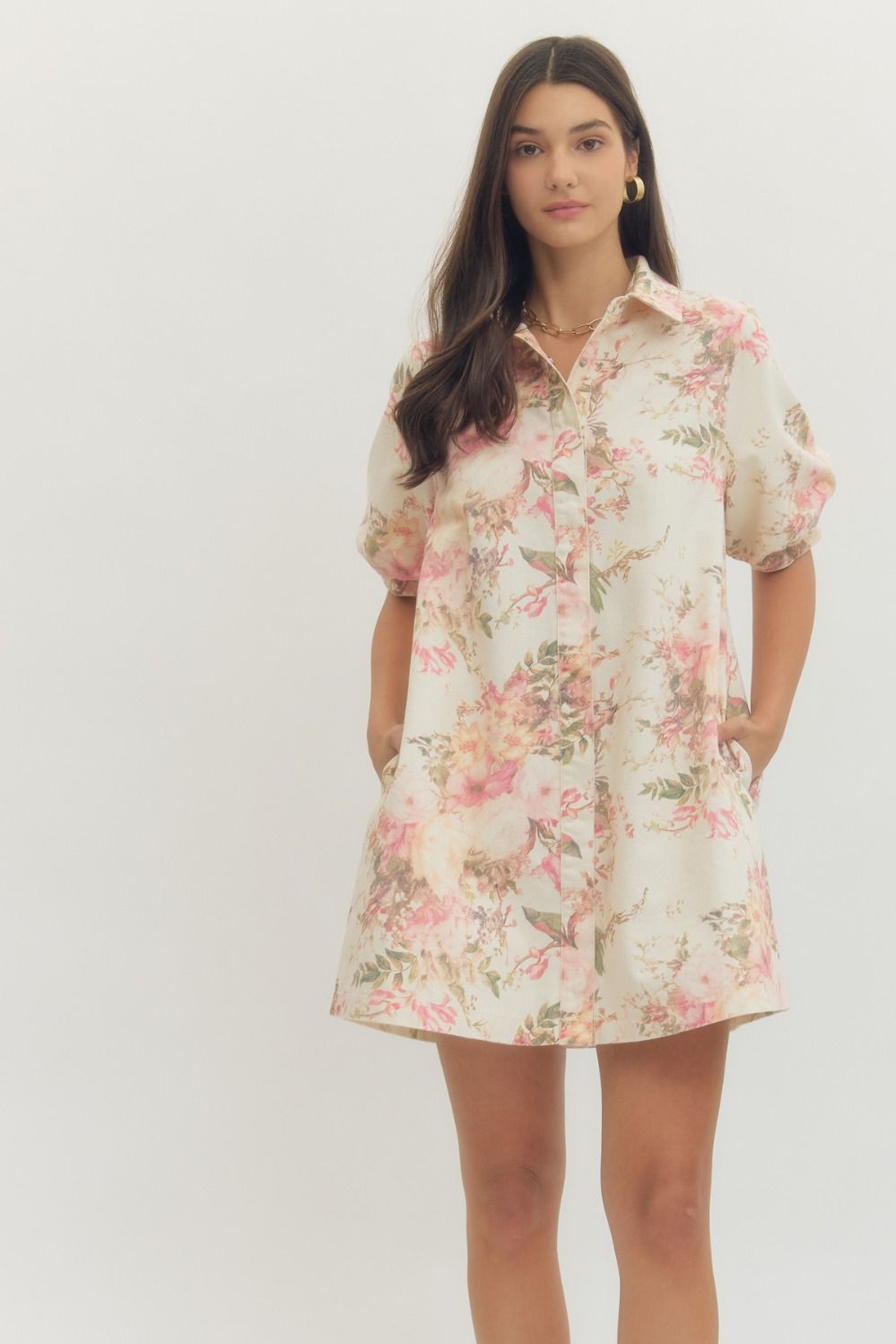 Entro Floral Print Puff Sleeve Mini Dress In Ecru *COMING SOON*