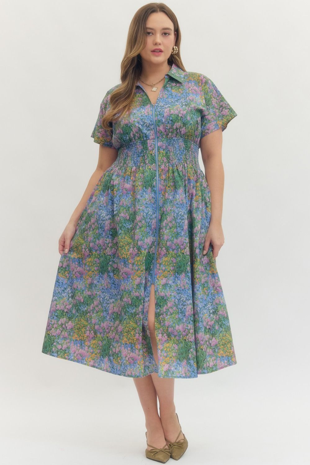 Entro Floral Print Short Sleeve Midi Dress In Blue PLUS Size