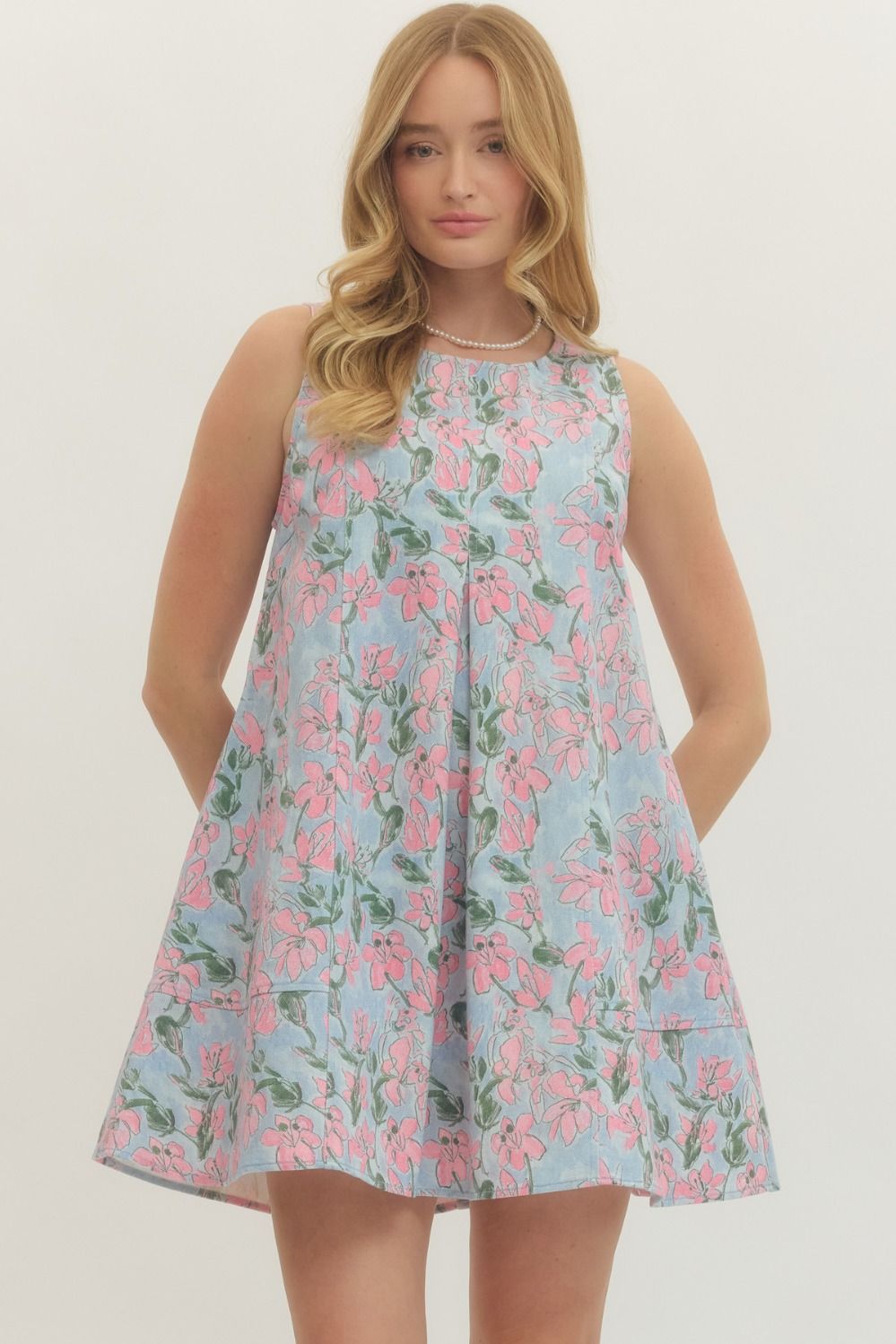 ENTRO Floral Sleeveless Mini Dress In Light Blue