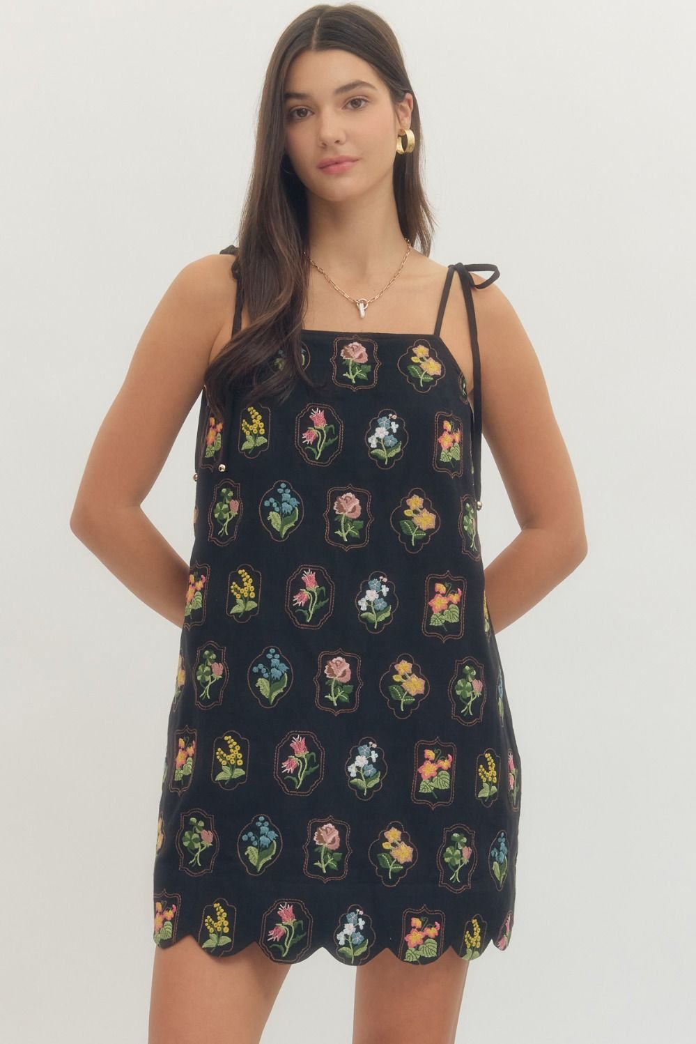Entro Floral Embroidered Sleeveless Mini Dress In Black